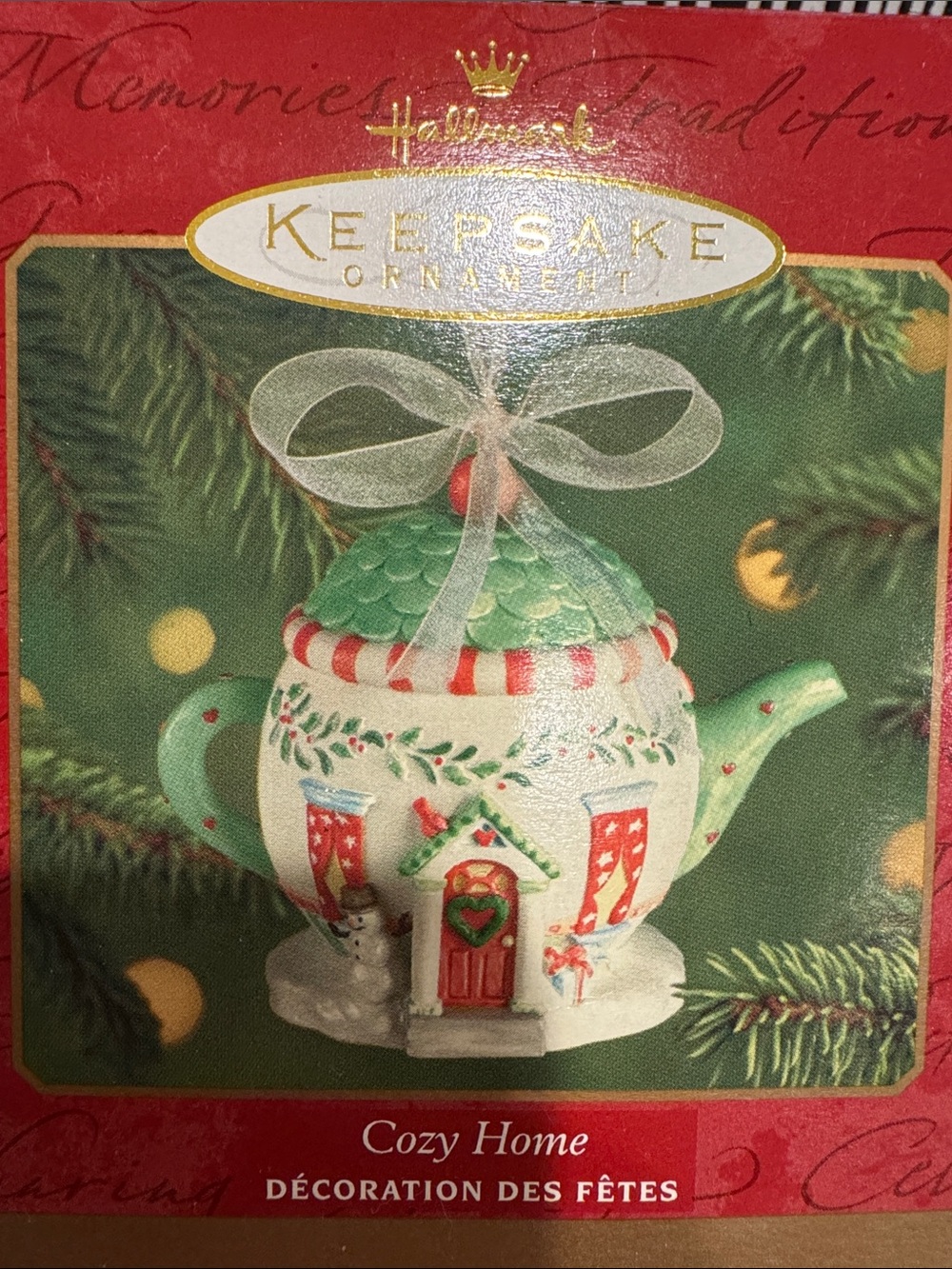 Hallmark Cozy Home Teapot Ornament in White, Green, Red